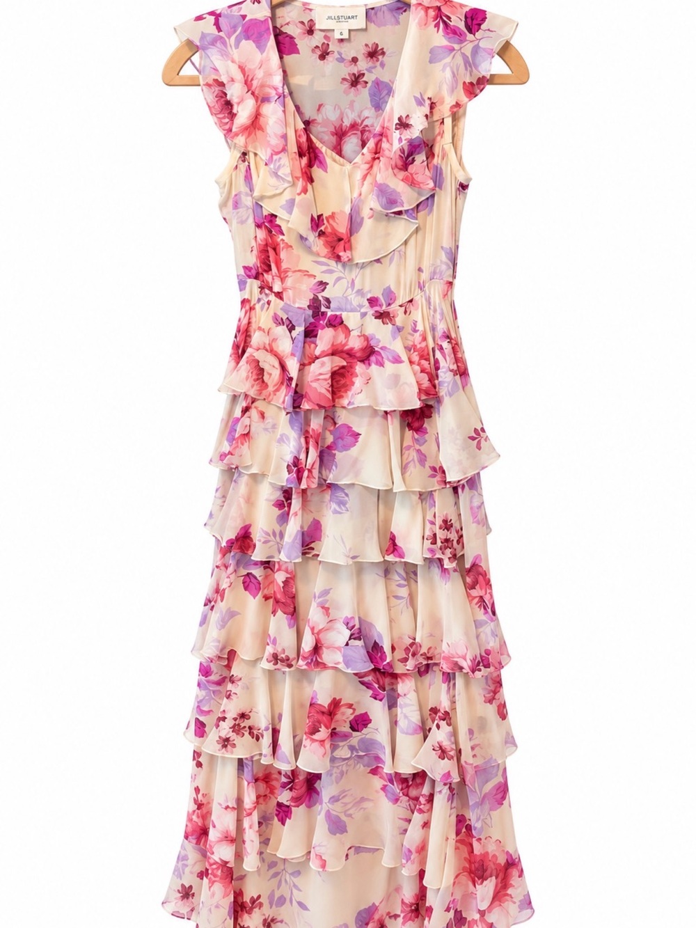 Jill Stuart Cream Maxi Dress with Pink and Purple Floral Ruffles